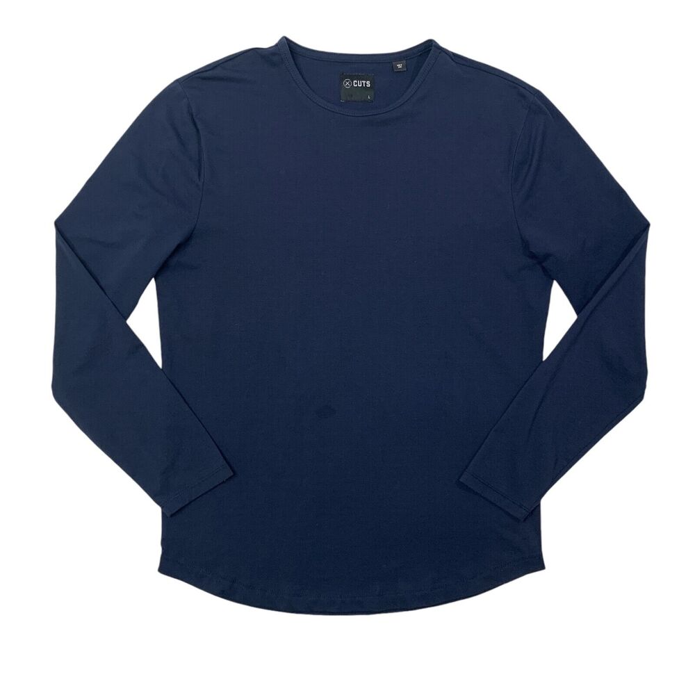Cuts Shirt Mens L Large Navy Blue Crew Neck Long Sleeve Athletic Fit Stretch